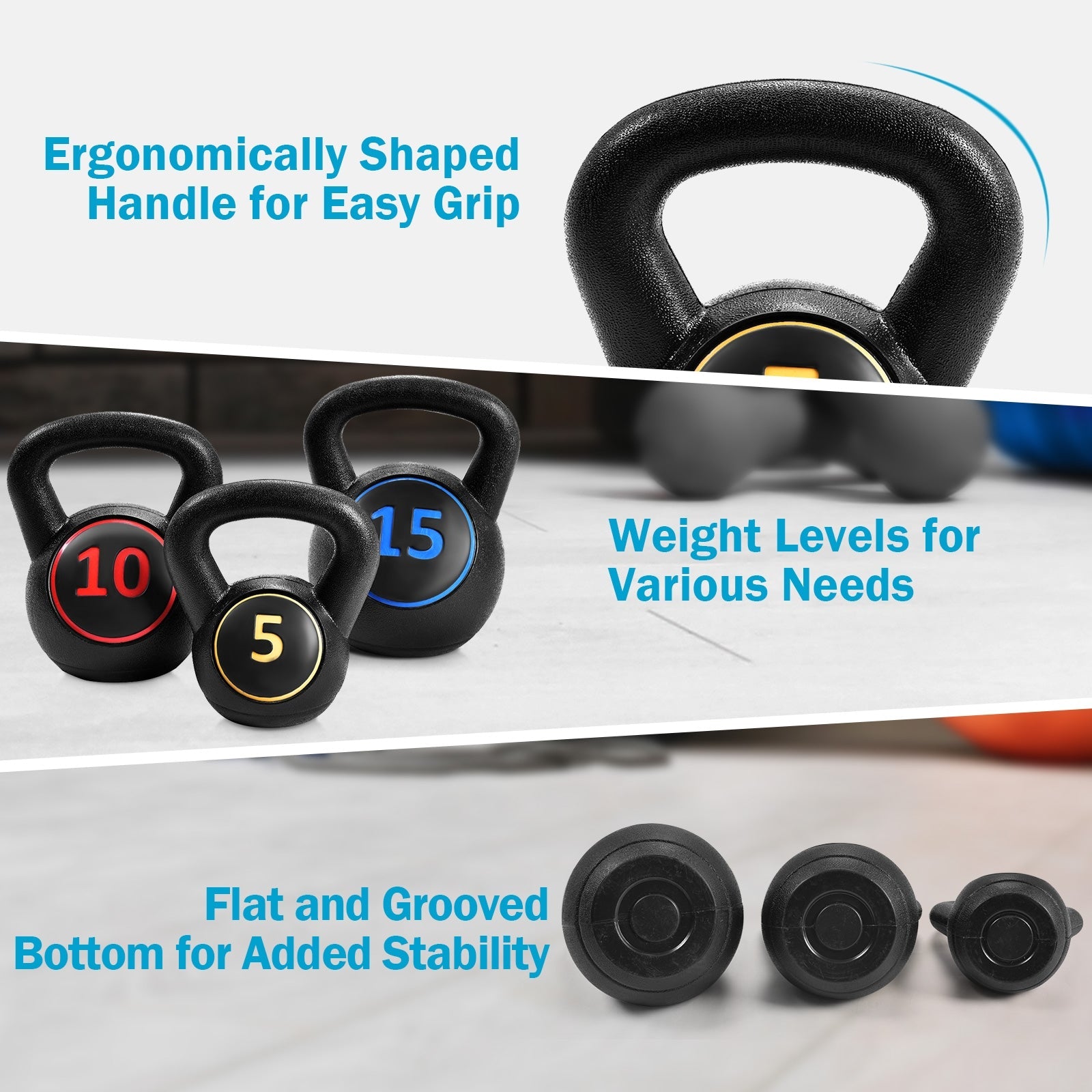 3-Piece Kettlebell Weight Set – 5 lb, 10 lb & 15 lb Strength Training Weights