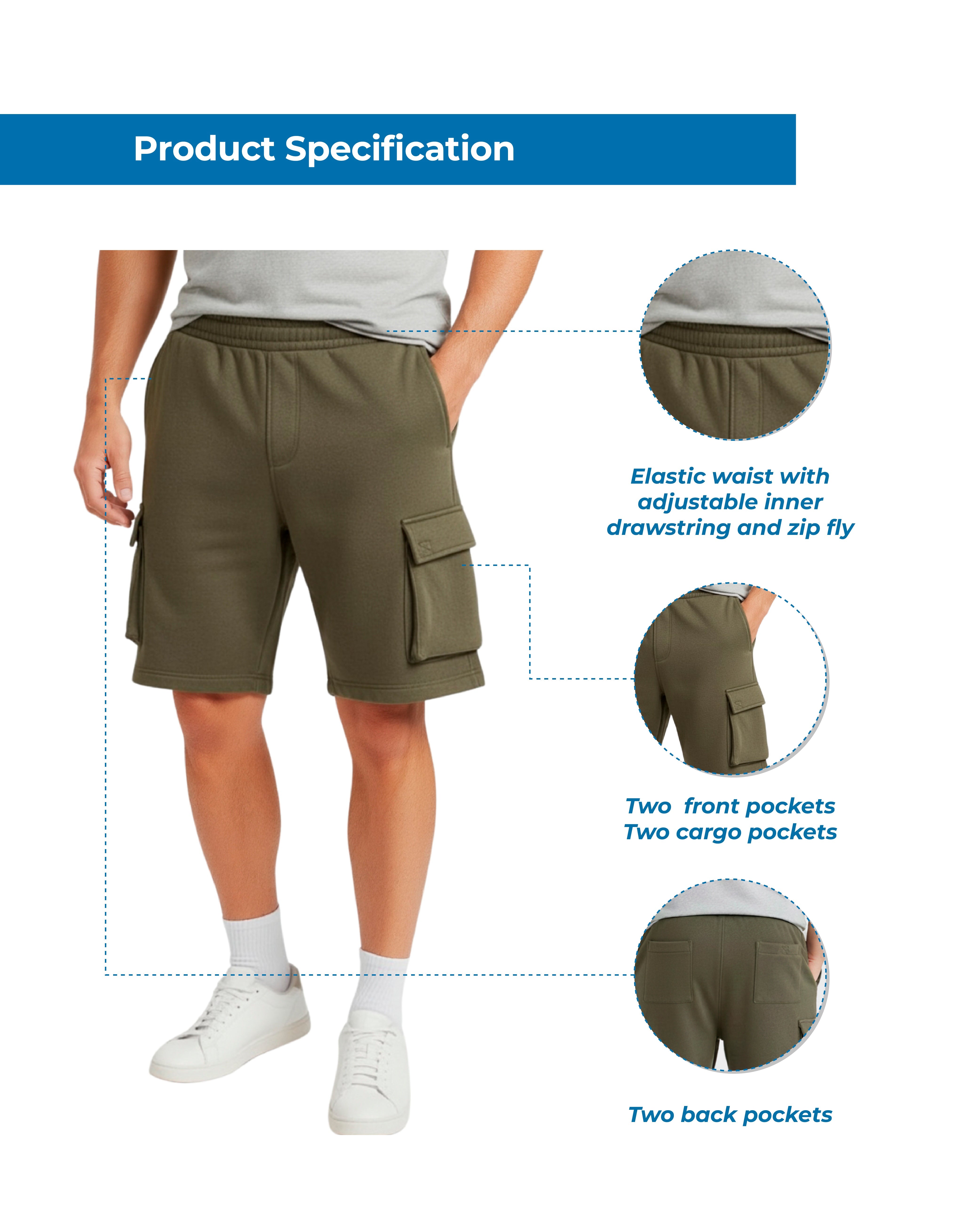 Men's Fleece Cargo Shorts – Elastic Waist Multi-Pocket Sweat Shorts