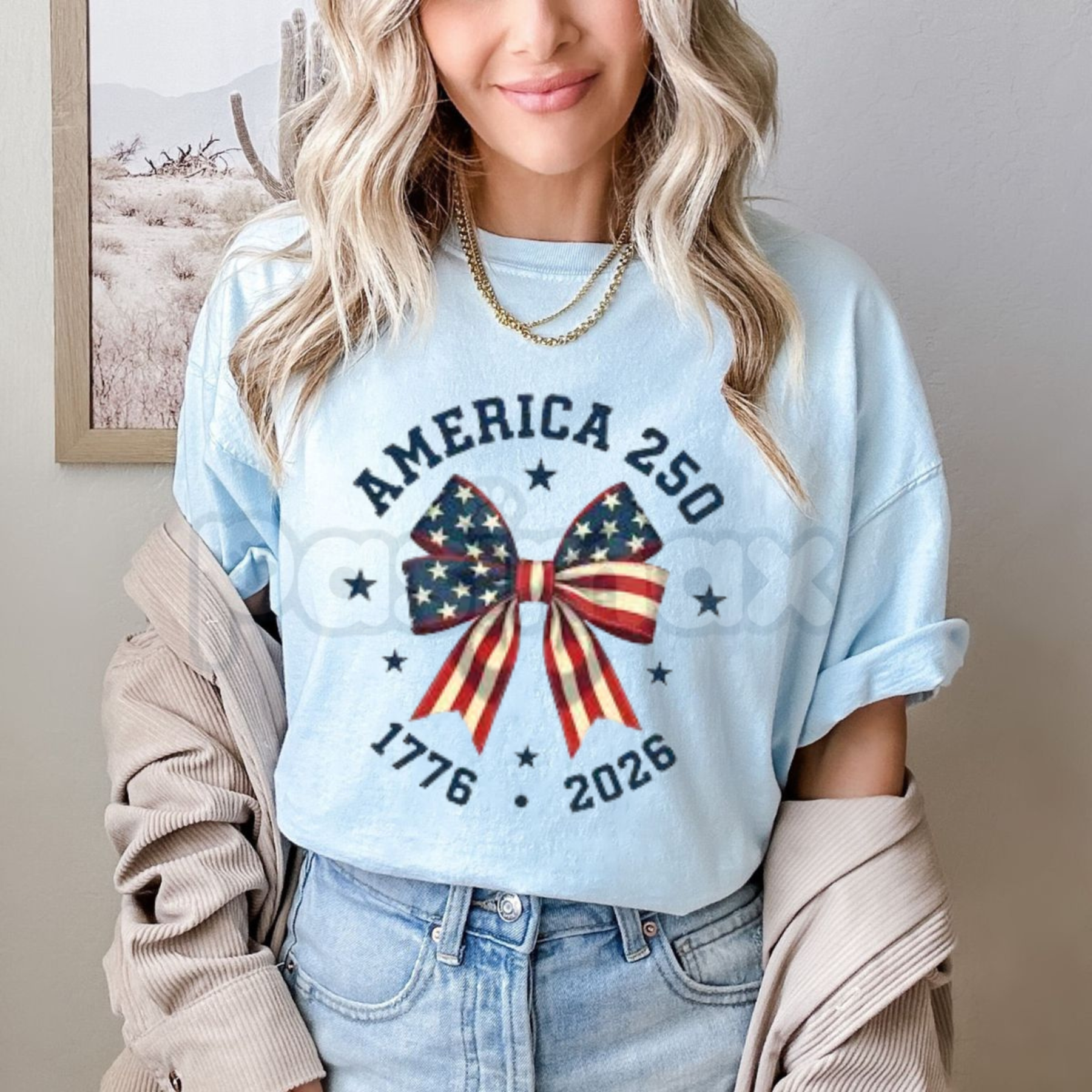 America 250 Stars & Stripes Bow T-Shirt – 2026 USA 250th Anniversary Tee