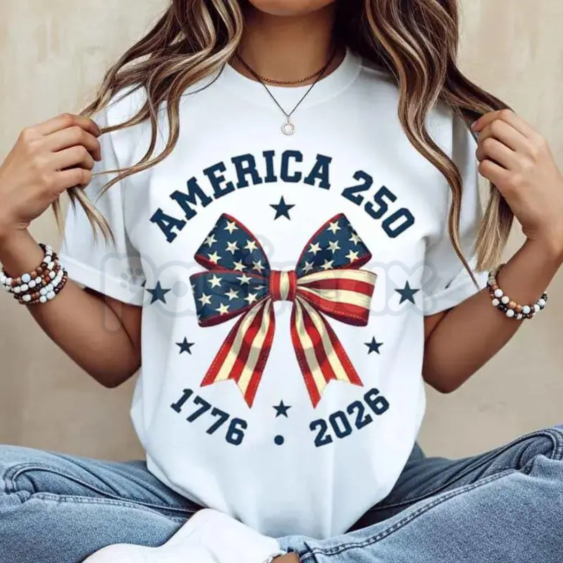 America 250 Stars & Stripes Bow T-Shirt – 2026 USA 250th Anniversary Tee