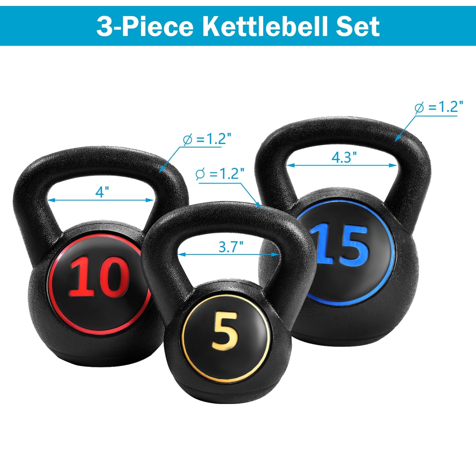 3-Piece Kettlebell Weight Set – 5 lb, 10 lb & 15 lb Strength Training Weights