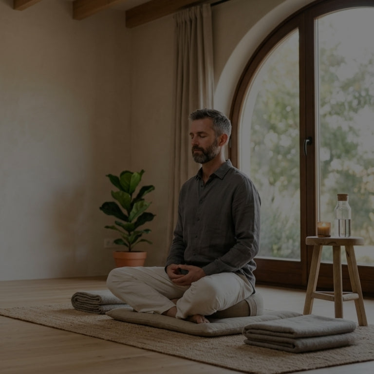 Man meditating in a serene room with a large window and plant.