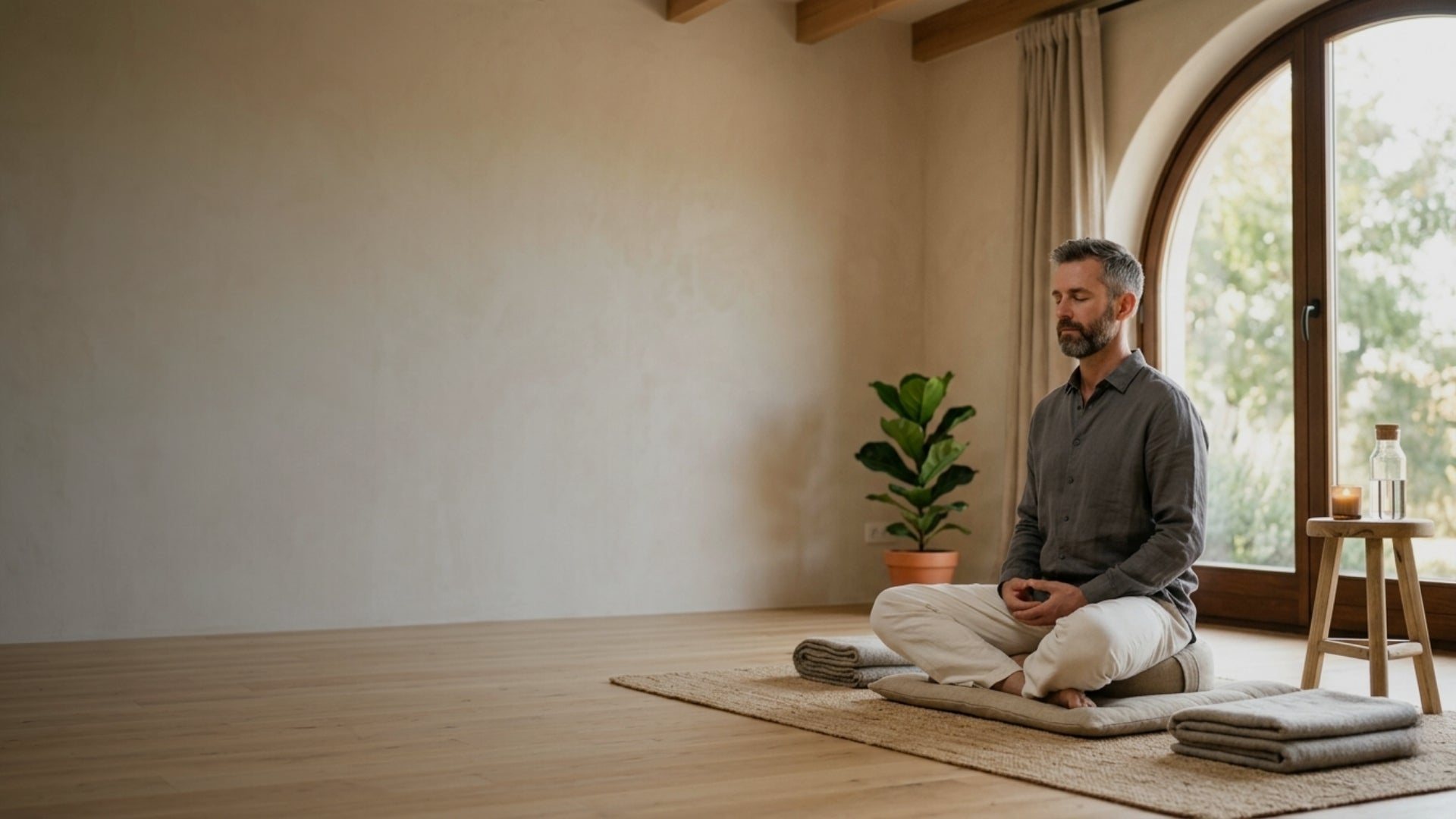 Man meditating in a serene room with a large window and plant.