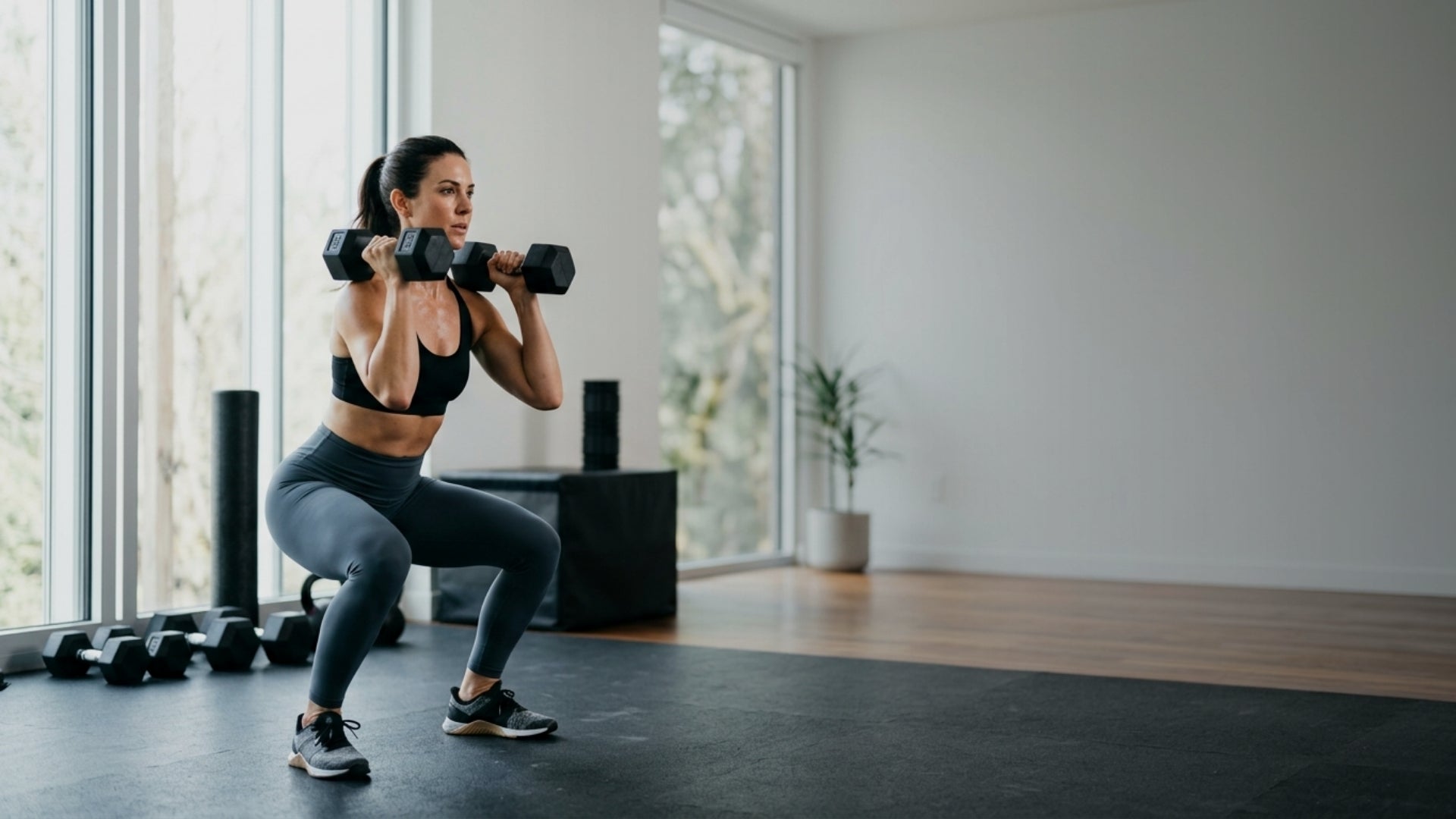 Woman exercising with dumbbells in a modern indoor setting
